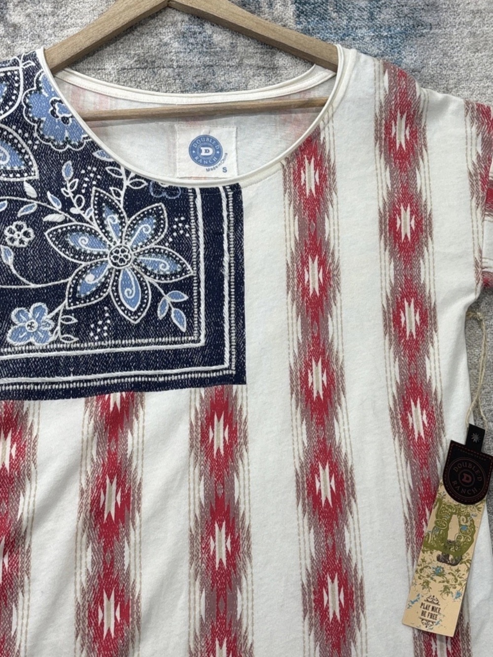 Double D Ranch White Tee with Red Ikat Stripes & Bandana Patch RTL $225 S NWT
